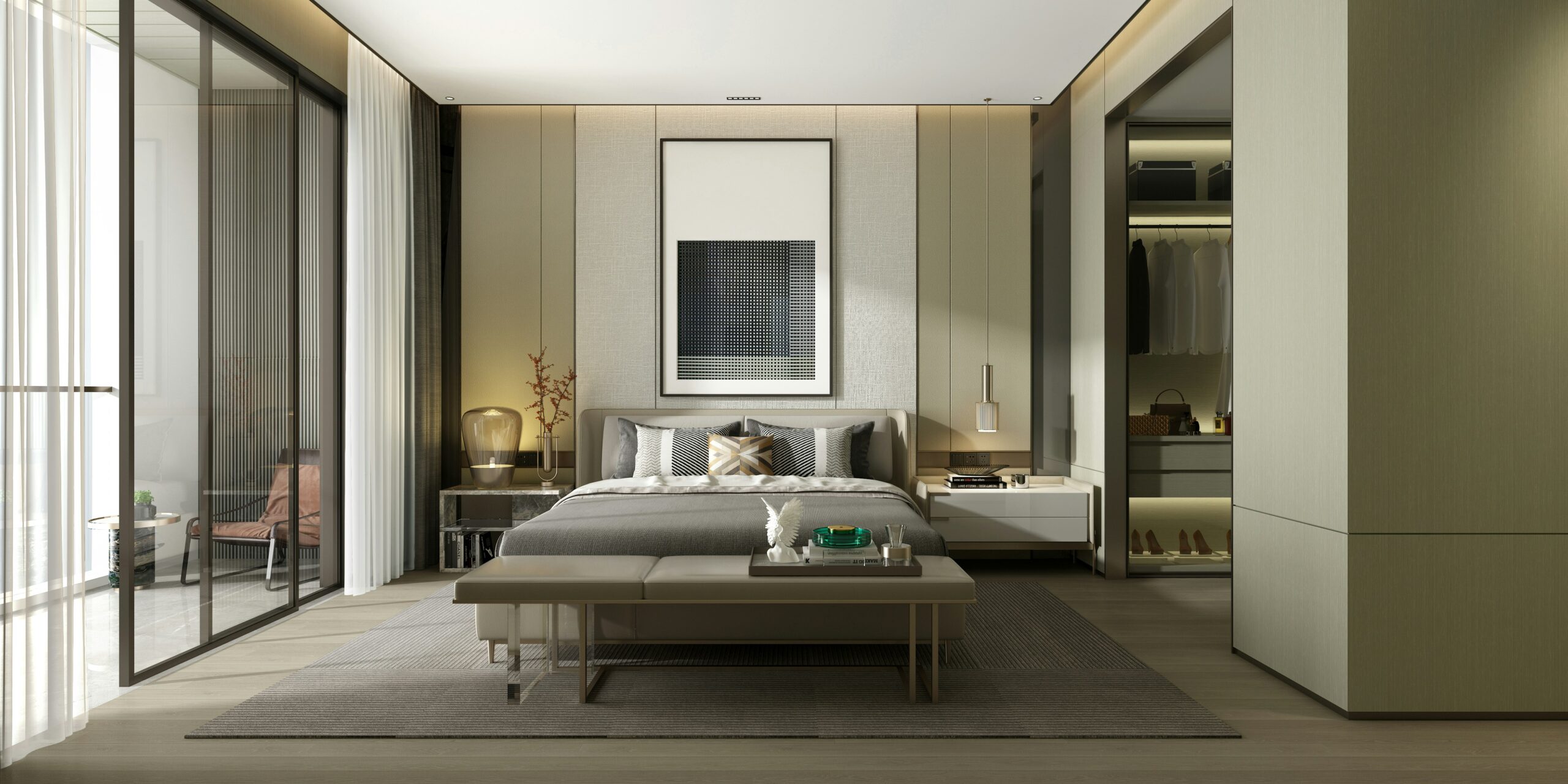 Luxurious modern bedroom interior featuring elegant lighting, neutral tones, and sophisticated decor elements.
